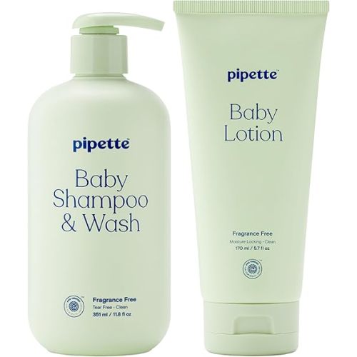 Pipette Fragrance-Free Wash and Lotion Duo, Clean, Tear-Free Bath Time, Sulfate-Free, Paraben-Free, Sensitive Skin Baby Wash and Baby Lotion, Hypoallergenic, Non-Toxic (Pack of 2)