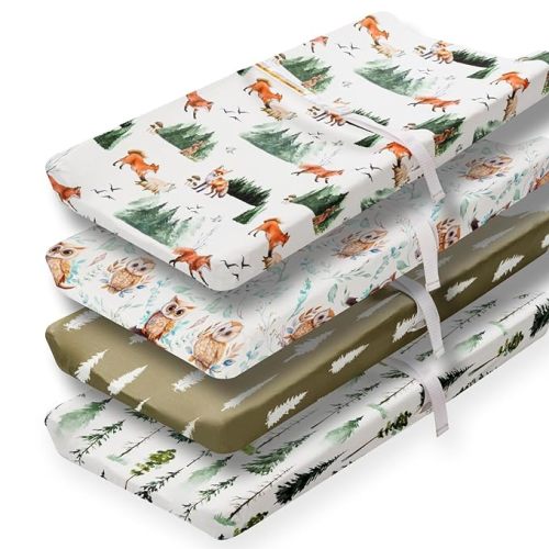 4 Pack Changing Pad Covers Woodland Forest Animals Wood Neutral Unisex Fitted Baby Changing Pad Cover Set for Baby Boys or Girls (Paint Fox)