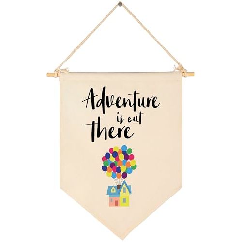 Adventure Is Out There -Canvas Hanging Flag Banner Wall Sign Decor Gift for Baby Kids Girl Boy Nursery Teen Room Front Door - Hydrogen Balloon, Travel Around the World