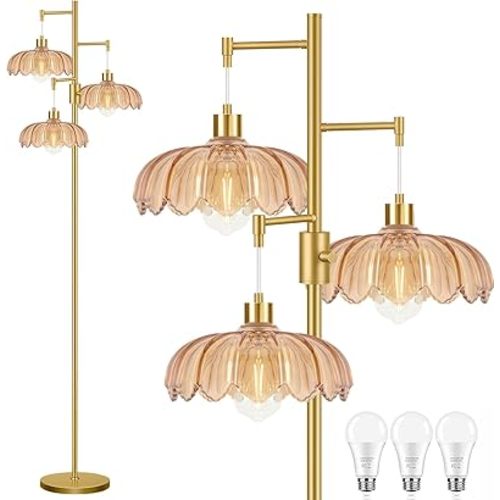 Gold Floor Lamps for Living Room Bedroom-3 Light Glass Floor Lamp with Three Led Bulb, Flower Tall Floor Lamp Dimmable Mid Century Modern Standing Lamp Vintage Tree Floor Lamps for Bedroom Corner
