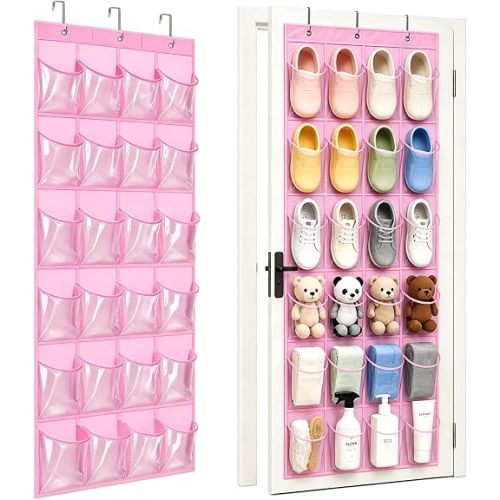 Over-the-Door Kids Shoe Organizer, Pink Shoe Rack for Door, 24 Crystal Clear Pockets, Heavy-Duty Hanging Organizer, 3 Metal Hooks for Toddler Shoes