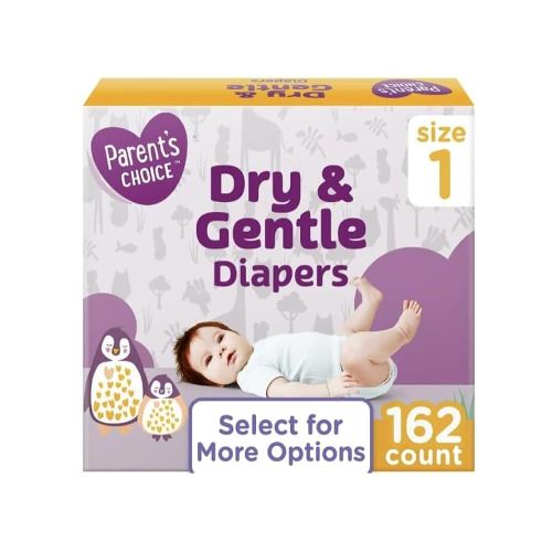 Parent's Choice Dry & Gentle Diapers, Dermatologically Tested, Fragrance-Free Size 1, 162 Count.