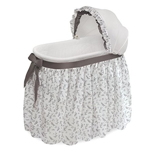 Badger Basket Wishes Rocking Baby Bassinet Heirloom Quality Bedside Sleeper with Bedding, Pad, and Storage Basket - Gray/Leaf