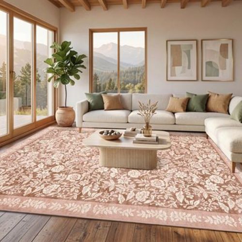 5'x7' Vintage Floral Washable Area Rug with TPR Rubber Backing, Soft Non-Slip Botanical Rug for Bedroom Living Room Nursery