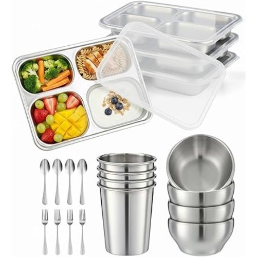 Jinei 20 Pcs Stainless Steel Dishes Set 4 Stainless Steel Plates, 4 Bowls, 4 Cups, 4 Spoons, 4 Forks, Dishwasher Safe, Durable Dining Set for Home Travel Camping (Fine)