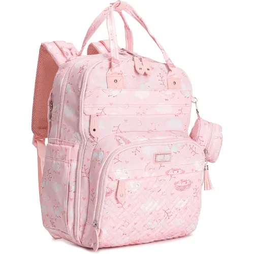 BabbleRoo Diaper Bag Backpack - Baby Essentials Travel Tote - Multi Function Water Resistant Diaper Bag, Travel Essentials Baby Bag with Changing Pad, Stroller Straps & Pacifier Case - Pink Birdy