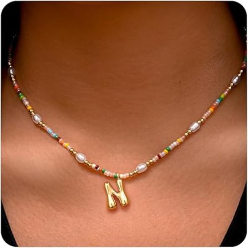 Ritach Easter Basket Stuffers Gifts for Kids Girls - Light Colorful Beaded Pearl Initial Necklace Gold/Silver Bubble Pendant Letter Necklace for Women Girls Birthday Easter Gifts for Toddlers Teens