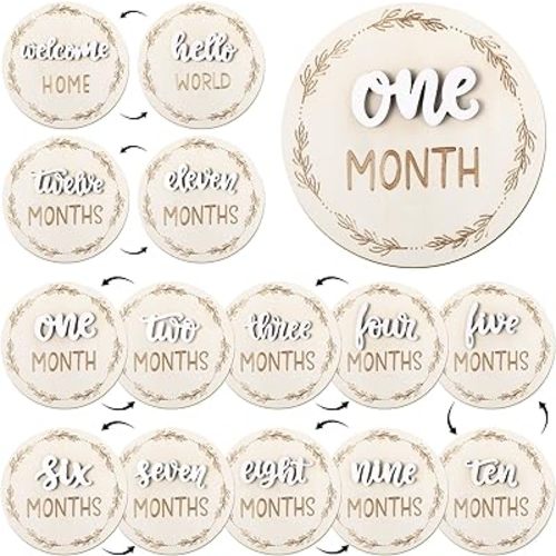 7 Pack Baby Monthly Milestone Signs, Double Sided Baby Milestone Signs Wooden Baby Announcement Sign for 1-12 Months Baby Milestone Pictures