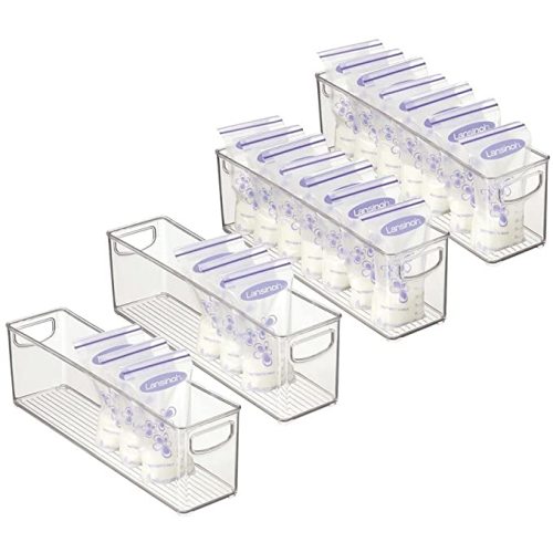 mDesign Plastic Long Stackable Storage Organizer Container, Organization Bin with Handles for Kitchen, Pantry, Fridge, Freezer, Cabinet. Perfect to Hold Breast Milk in the Refrigerator - 4 Pack, Clear - 16 x 3.75 x 5