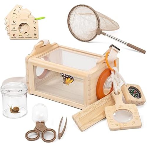Wooden Bug Catcher Kit for Kids, 16-in-1 Outside Toys for Toddlers STEM Outdoor Explorer Set with 3-Way Observation Habitat, Butterfly Net, Magnifying Glass, Educational Gift for Boys Girls Ages 3-8