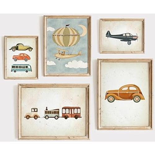 Vintage Nursery Wall Art Boys Room Canvas Poster Vehicle Prints Baby Toddler Pictures Transportation Plane Painting Train Truck Artwork for Bedroom 5Pcs Unframed