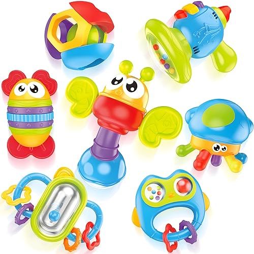 MOONTOY 7pcs Baby Rattles Toy Set, Baby Toys 0-6 Months Infant Toys 6-12 Months Teethers for Babies 3-6 Months Easter Basket Stuffers, Sensory Teething Toys 0 1 2 3 4 5 6 Month Newborn Boy Girl Gifts