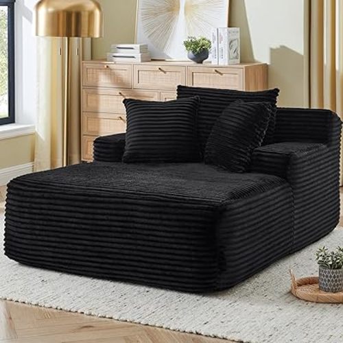 Avenix 64" Oversized Chaise Lounge Chair Indoor, Corduroy Boneless Chaise Lounge Chair, Deep Seat Oversized Comfy Reading Chair Cloud Sleeper Chair Sofa Bed Boneless Couch for Living Room, Black