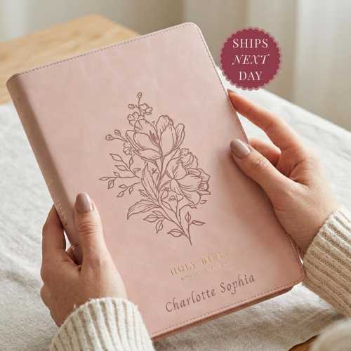 Personalized Pink Thinline Bible Faux Leather Custom KJV Bible Floral King James Version Thumb Index Bibles for Mother's Day or Baptism Gift