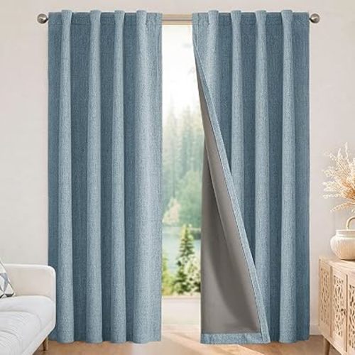 Joydeco Blackout Curtains for Bedroom - 84 Inch Long 100% Light Blocking 2 Panels Sky Blue Drapes, Thermal Insulated Room Darkening Curtains, Linen Textured for Living Room, Rod Pocket & Back Tabs