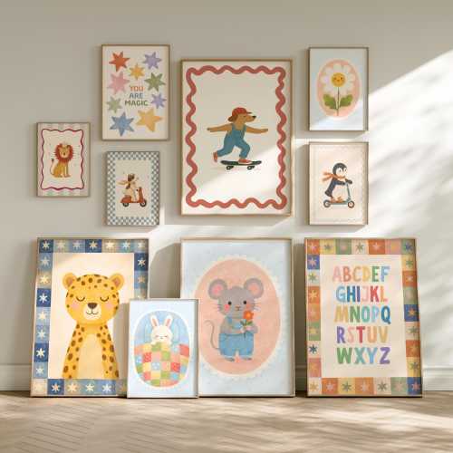 Set of 30+ Nursery Prints, Vintage Retro Nursery Wall Art Bundle, Kids Room Gallery Wall Decor, Whimsical Animal Nursery Print Set
