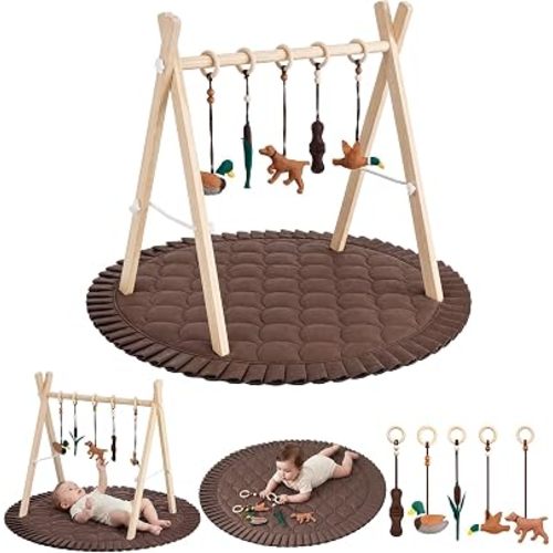 Silipull 7 Pcs Wooden Baby Gym Mat with 5 Hanging Baby Toys Shower Gift