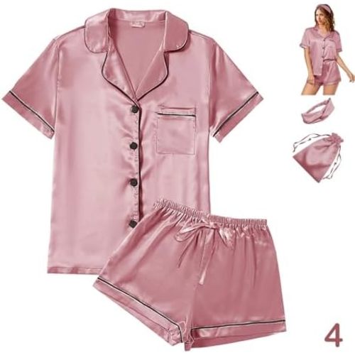 WJing Yi Jia 4Pcs Womens Satin Silky Pajama Sets Short Sleeve Shirt XS-4XL Floral Pajamas Set Soft PJ Loungewear Sleepwear