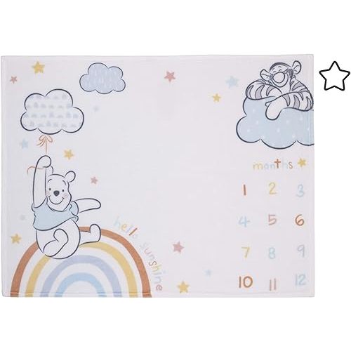 Disney Winnie The Pooh Multi Rainbow & White Super Soft Milestone Baby Blanket, Light Blue, White, Orange, Yellow