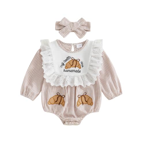 Baby Girl Thanksgiving Outfit Homemade Rolls Romper Fall Clothes | Thanksgiving Bubble Romper Baby Girl,My Rolls are Homemade Baby Outfit,Croissant Embroidery Lace Plaid Jumpsuit+Headband