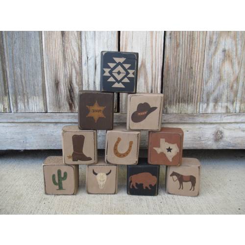 Primitive Southwest Western Cowboy Desert Aztec Hand Painted Stacker Mini Block Designs Pick Your Favorites GCC9571