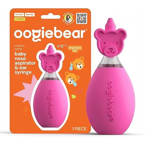 oogiebear: Baby Nasal Aspirator - Safe Booger & Earwax Remover for Newborns, Infants, Toddlers - Better Syringe, Airtight Suction, Nose Sucker - Essential Baby Stuff, Diaper Bag Must-Haves, Pink