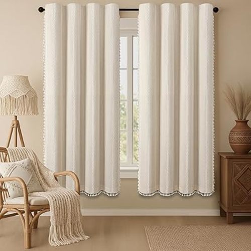 Boho Blackout Curtains 72 Inches Long Beige Linen Blend 2 Panels with Tassels and Cotton Embroidery, Farmhouse Vintage Rustic Rod Pocket Drapes for Living Room or Bedroom