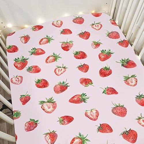Red Strawberries Baby Crib Sheets for Boy Girl 52x28Inch Watercolor Strawberries Fruit Soft Snug Fitted Crib Mattress Cover Sweet Summer Pink Baby Sheet for Standard Crib and Toddler Bed Mattress