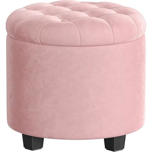 SONGMICS Round Ottoman, Ottoman with Storage, 17.7 x 17.7 x 17.5 Inches, Foot Rest with Legs, Velvet, Load up to 330 lb, for Living Room, Bedroom, Jelly Pink ULOM012R01
