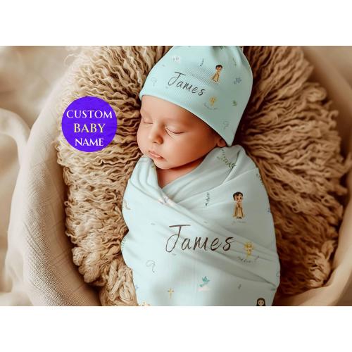 Catholic Swaddle Blanket Baby Boy Gift Custom Name Baby Shower Present Infant Baptism Gift Swaddle Quilt Hat St Blessed Mother Blanket Kid