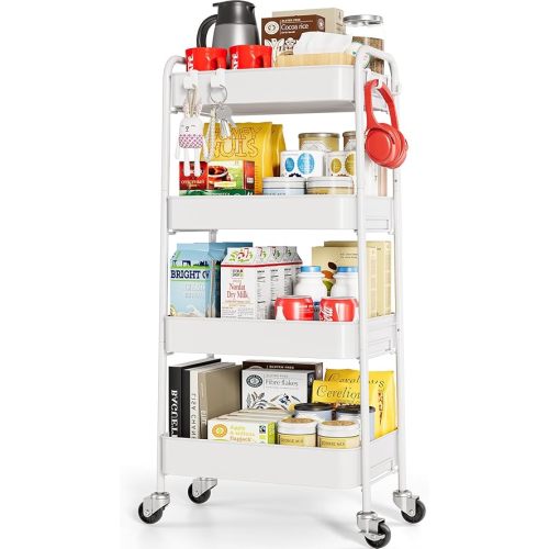 TOOLF 4-Tier Rolling Cart - Metal Storage Organizer with Lockable Wheels, 44 lbs Per Shelf Capacity, Tool-Free Assembly, for Kitchen Bathroom Office Laundry Room Nursery, White