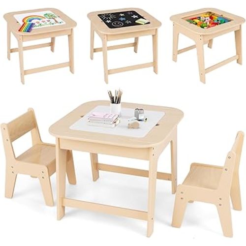 INFANS Kids Table and Chair Set, 3 in 1 Wooden Activity Table with Removable Tabletop, Blackboard and Whiteboard for Toddlers Arts Crafts Drawing Reading Playing, Playroom Nursery (Natural)