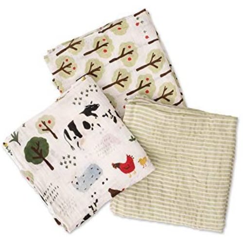 Red Rover Kids Breathable Cotton Muslin Swaddle 3 Pack (Family Farm)