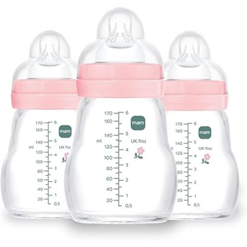 MAM Premium Glass Baby Bottles, Easy Switch Between Breast and Bottle, Feel Good Slow Flow, Newborn Essentials Must Have, 0+ Months, BPA Free, 6oz, Girl, 3 Pack