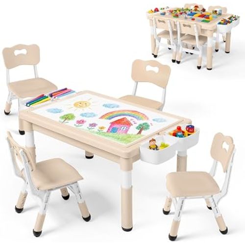 Kinder King Kids Table & 4 Chairs Set, Adjustable Heights, Storage, Khaki