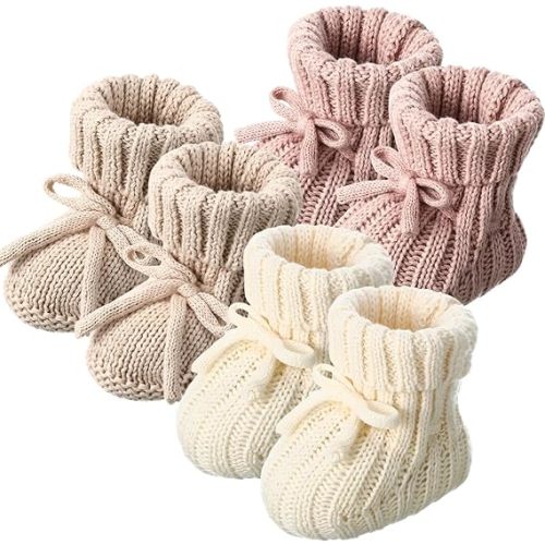 Evervibe 3 Pairs Knitted Baby Booties 0-6 Months Newborn Baby Shoes First Walkers Cozy Shoes for Infant Girl Boy