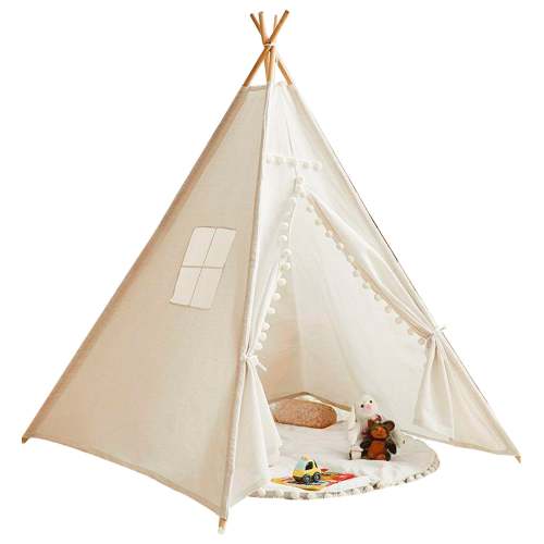 Large Foldable Kids Canvas Teepee Play Tent With Lights ( White )