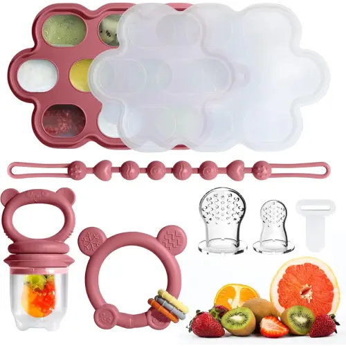 Baby Fruit Food Feeder & Breastmilk Popsicle Molds for Teething Relief, Baby Feeding Sets, 1 Freezer Tray with Lid & 1 Teether Toy & 1 Silicone Teething Pacifier Feeder, Extra Food Pouches (Red)