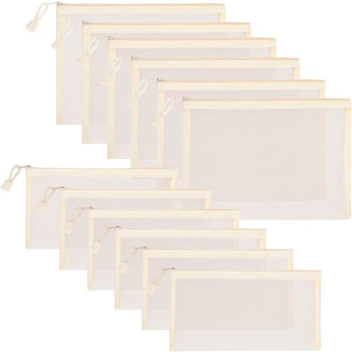 12 Pieces Zipper Nylon Mesh Pouch, Mesh Cosmetic Bags Makeup Bags Pencil Case, Multipurpose Travel Bags for Cosmetic School Office Supplies and Travel Accessories (Beige, A5+B6)
