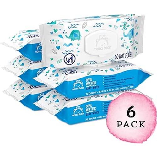 Amazon Brand - Mama Bear 99% Water Baby Wipes, Hypoallergenic, Fragrance Free, 432 Count (6 Packs of 72)