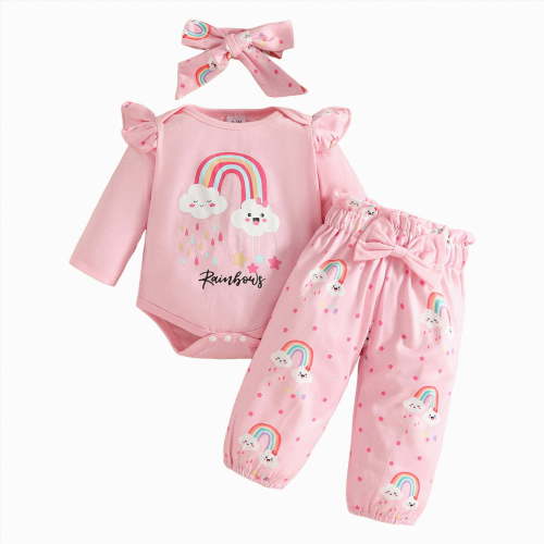 CAICJ98 Baby Girl Clothes Newborn Infant Outfit Long Sleeve Ruffle Bow Print Romper Leopard Pants Headband Sets (Pink,3-6 Months)