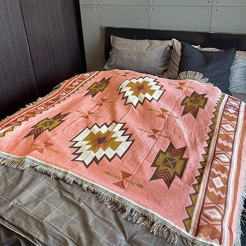 Aztec Throw Blanket Native American Blanket Southwestern Boho Decor Reversible Woven Tassels Mexican Blankets and Throws for Couch Bed Livingroom Tapestry Outdoor Camping Blanket 51"x63"