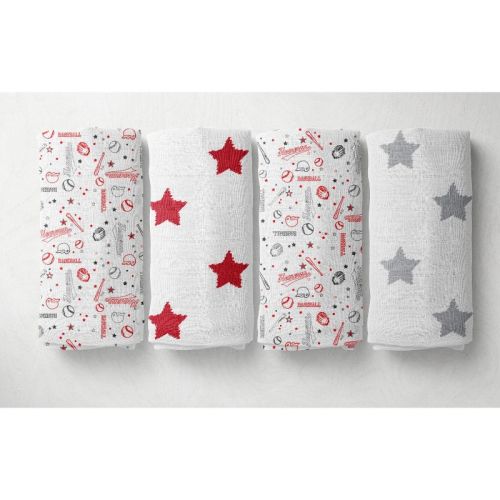 Bacati - Baseball Red/Gray Muslin Swaddling Blankets set of 4