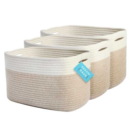 OrganiHaus Cotton Rope Storage Baskets 3-Pack: Light Honey Woven Bins