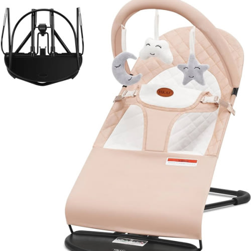 HKAI Baby Bouncer, Portable Baby Bouncer Seat for Babies 0-18 Months, 100% Cotton Fabrics, 3 Modes of use with Rocker and Stationary Options, Infant Rocker Chair with Hanging Toys-Organic Oat