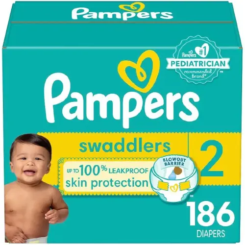 Pampers Swaddlers Diapers, Size 2, 186 Count, Absorbent, Keeps Baby Dry and Comfortable, Skin Safe Disposable Baby Diaper