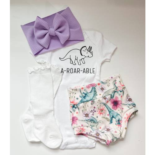 Dinosaur Baby Outfit: Floral Dino Bummies, Lilac Bow, Bodysuit & Socks