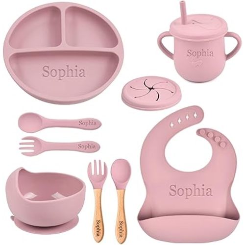 Personalized Silicone Baby Feeding Set,Custom Baby Led Weaning Supplies with Name,Baby Bib,Spoon and Fork,Suction Plate,Bowl,Sippy Cup,Baby Birthday Gift for Boy & Girl, Pink