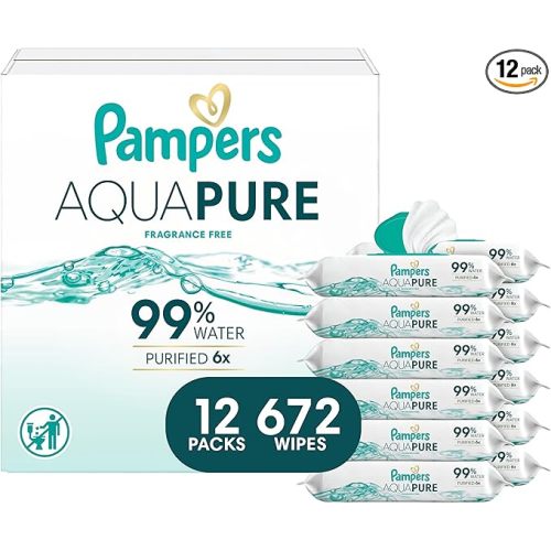 Pampers Aqua Pure Baby Wipes, 99% Water, Fragrance Free, Unscented, Water Based, Multi-Use, 672 Wipes Total (12X Flip-Top Packs) [Packaging May Vary]