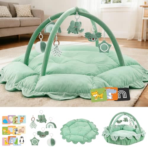 5-in-1 Baby Activity Gym & Play Mat with 6 Hanging Toys, Tummy Time Mat & Cards - Extra Large, Reversible Machine Washable Pad - Gift for Newborns, Infants 0-12 Months, Sage Green